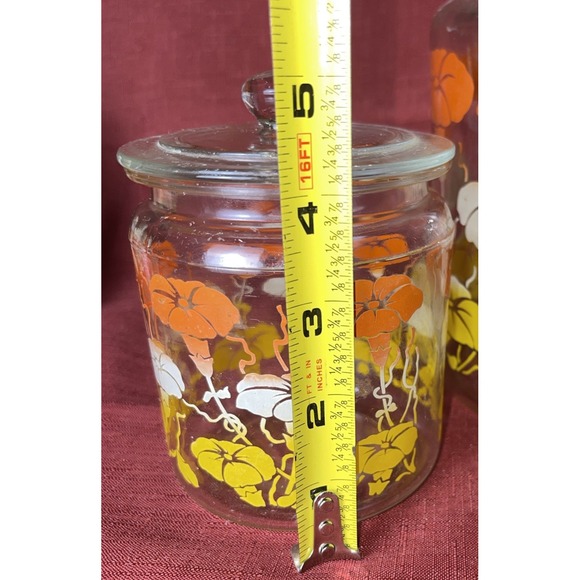 Pair Anchor Hocking Glass Jar Canisters Orange Yellow White Morning Glories 2 - Picture 3 of 7